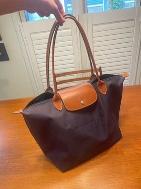 Longchamp Navy Nylon Tote with Brown Leather Trim